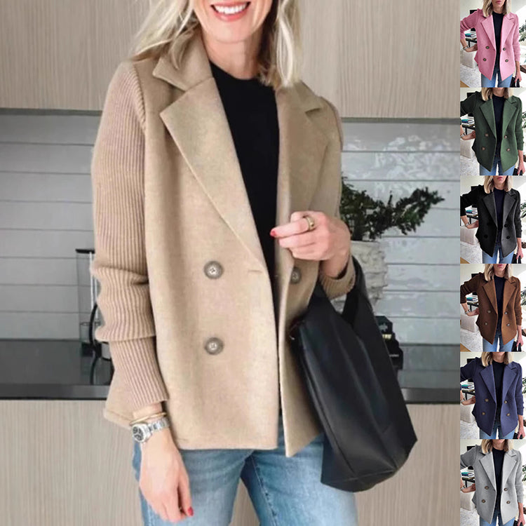 Knit-Sleeve Double-Breasted Jacket