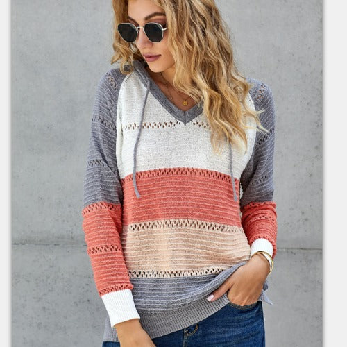 Striped Color-Block Knit Hoodie
