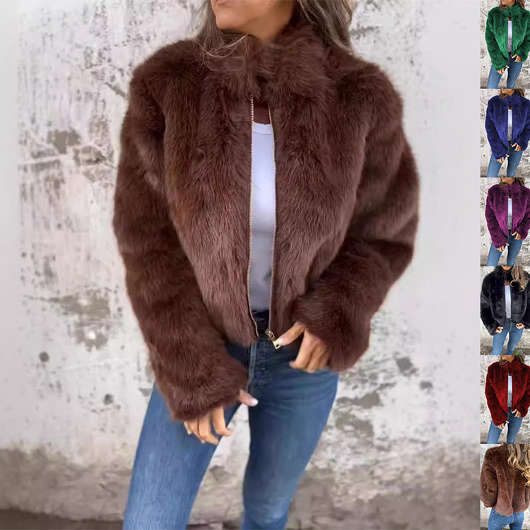 Faux Fur Stand-Collar Zip Jacket