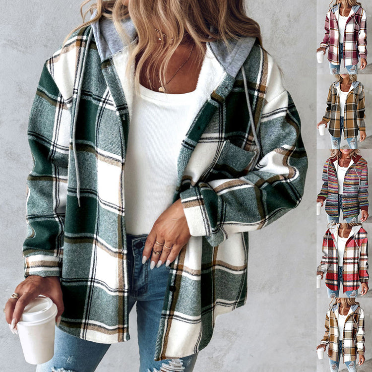 Plaid Hooded Button Jacket