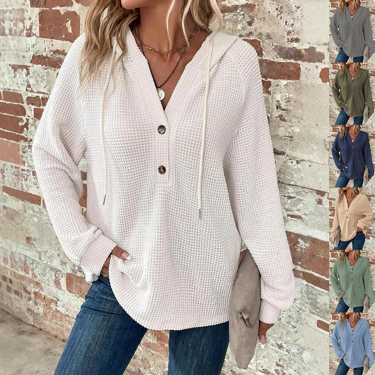Waffle Button V-Neck Hoodie