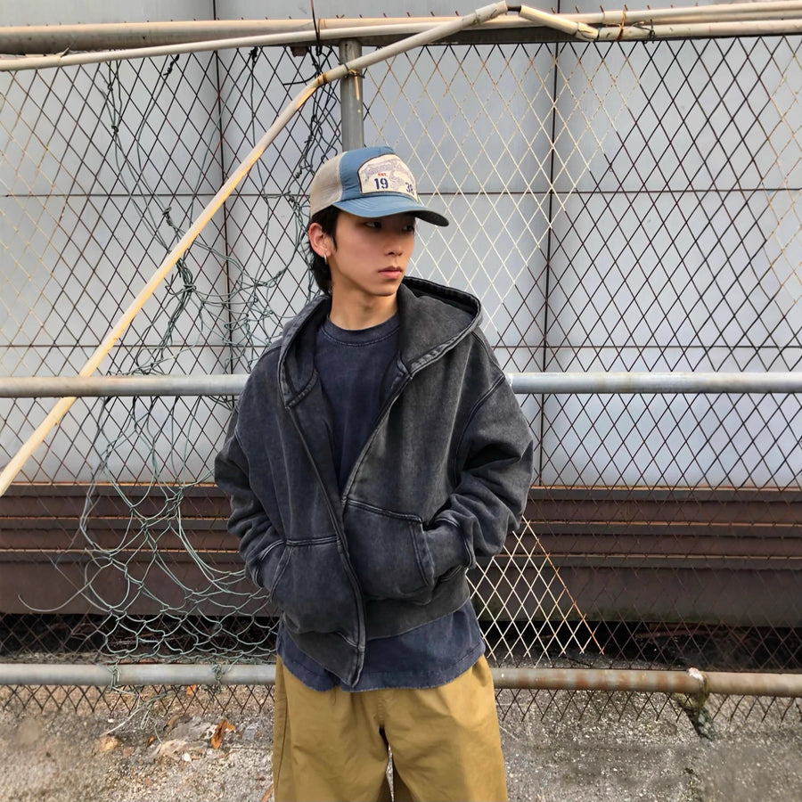 Distressed Loopback Zip-up Hooded Jacket