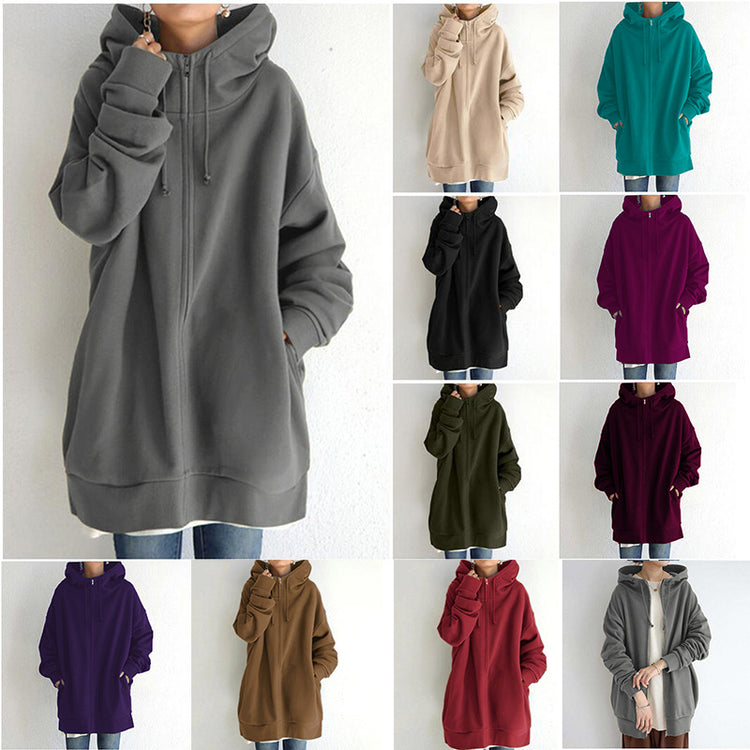 Oversized Velvet-Lined Long Zip Hoodie