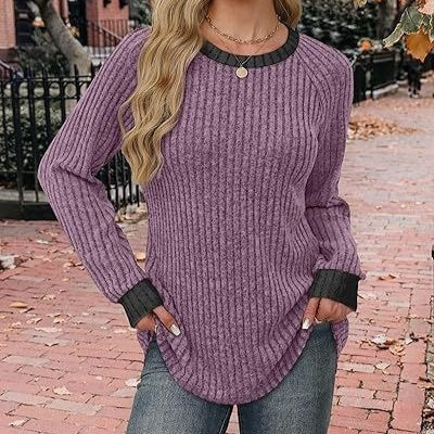 Contrast-Trim Ribbed Raglan Pullover